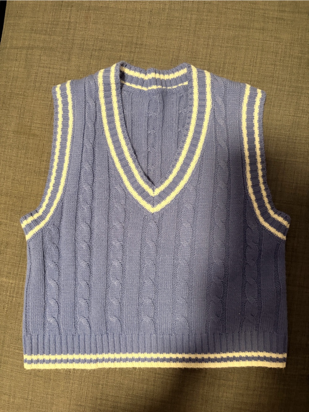 Women’s Cable Knit V-Neck Sweater Vest in Light Blue with Cream Trim